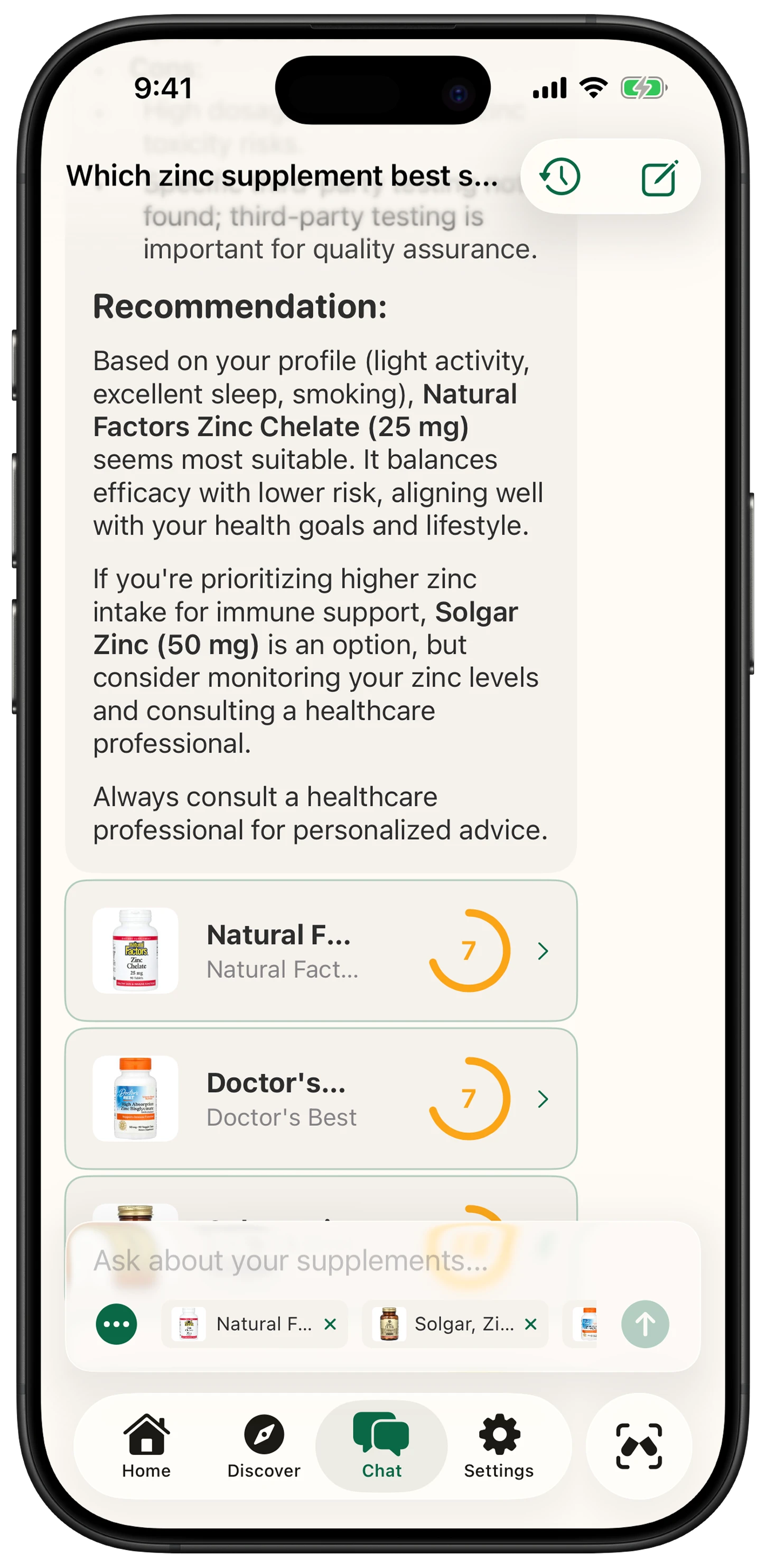 AI Chat personalized recommendation based on user health profile